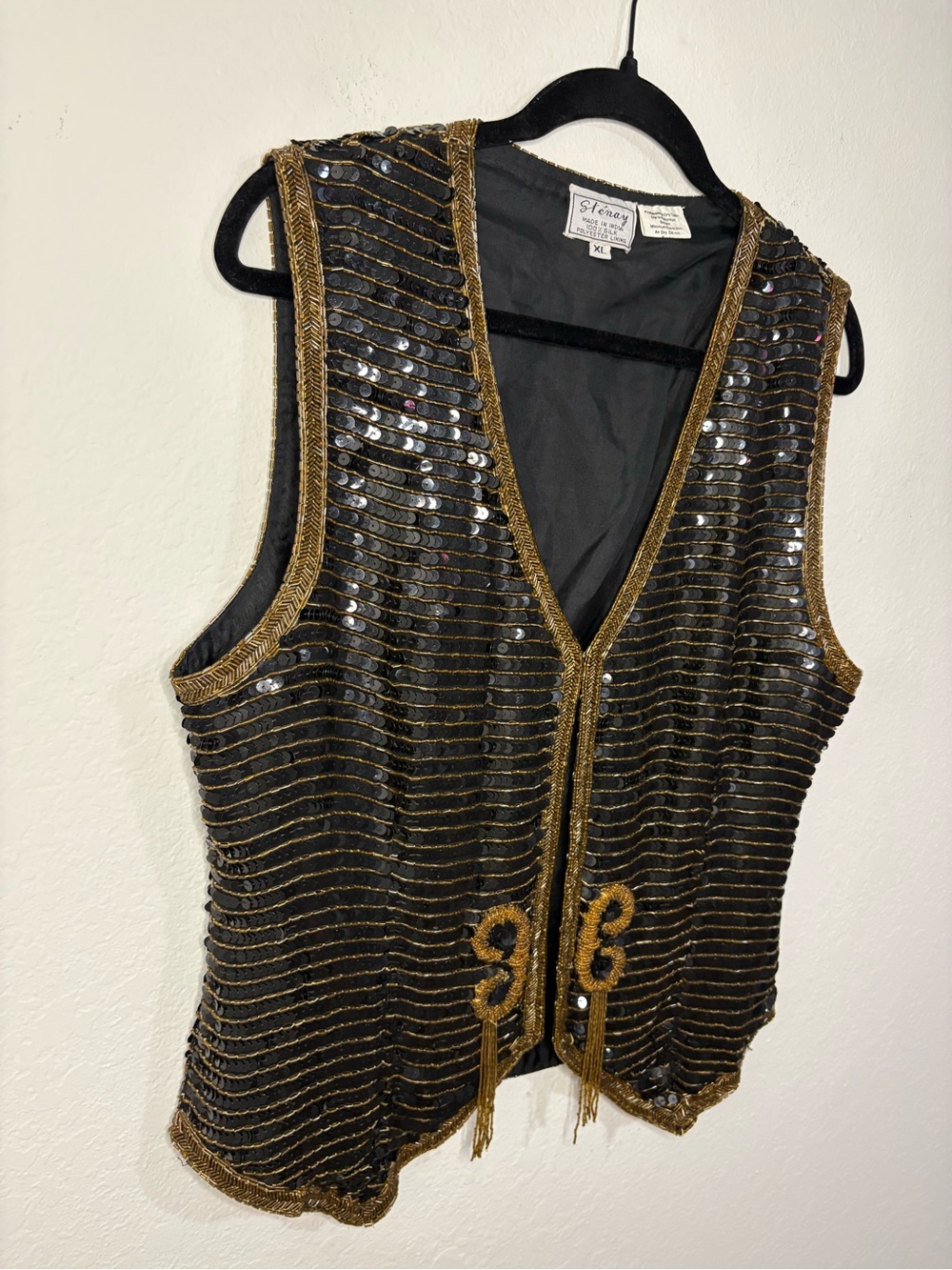 Vintage Stenay Black Sequin Beaded 100% Silk Vest with Gold Trim size XL - Picture 2 of 12